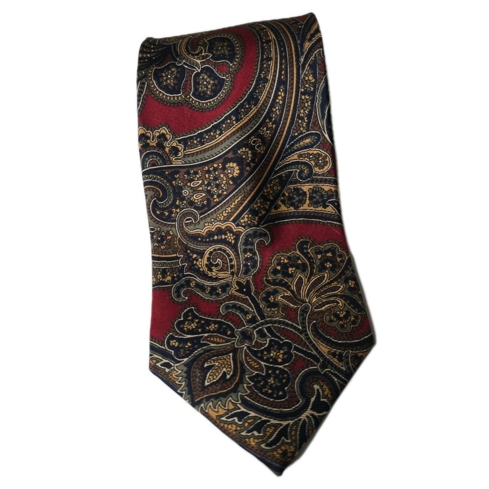 Christian D Men's Red Silk Paisley Necktie Made In USA Fabric Woven In Italy